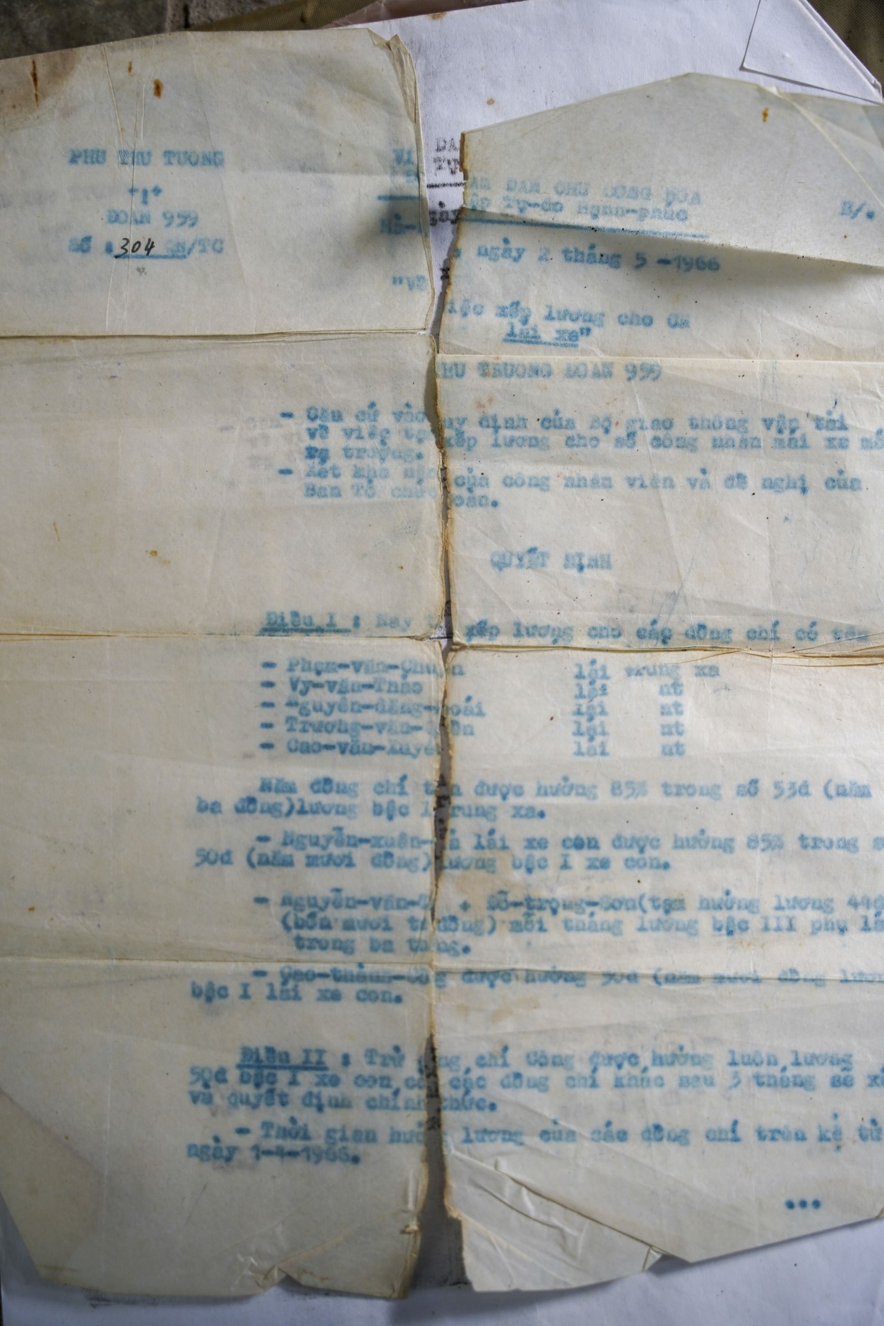 Quyết định xếp lương cho ông Chuyên và đồng đội, tháng 5/1966.