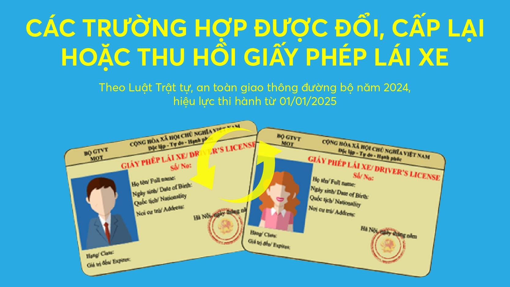 [Infographics] Các trường hợp được đổi, cấp lại hoặc thu hồi giấy phép lái xe từ 1/1/2025