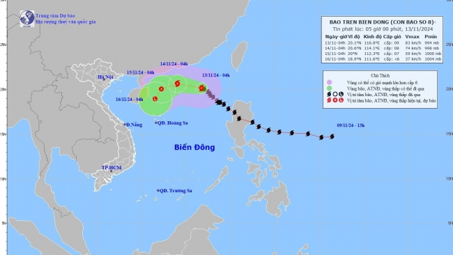 Thời tiết hôm nay (13/11): bão số 8 đi lên bắc Biển Đông, Trung Bộ và Bắc Tây Nguyên mưa