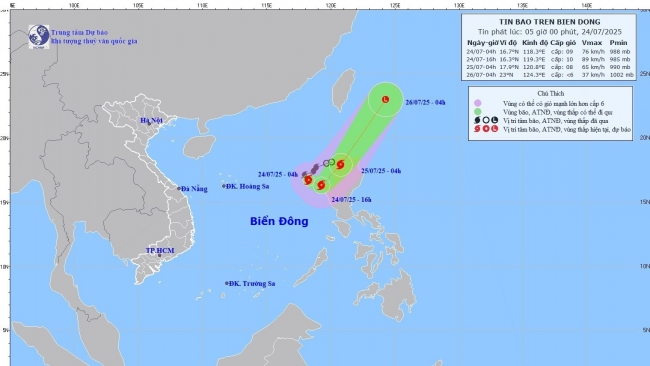 Thời tiết hôm nay (24/7): Bão số 4 trên Biển Đông giật cấp 11