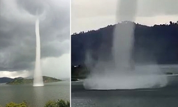 Video: Vòi rồng nước thẳng đứng xuất hiện trên hồ Rwanda sau khi cơn giông quét qua