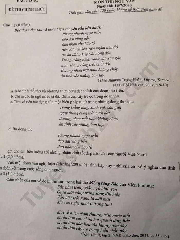 de thi ngu van tuyen sinh lop 10 vao thpt tinh bac giang nam 2020