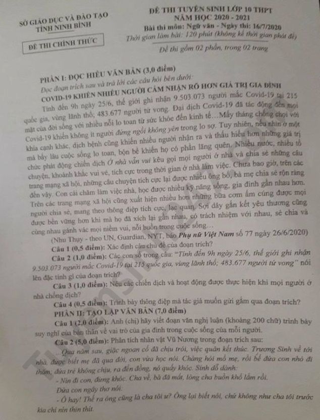 de thi ngu van tuyen sinh lop 10 vao thpt tinh ninh binh nam 2020