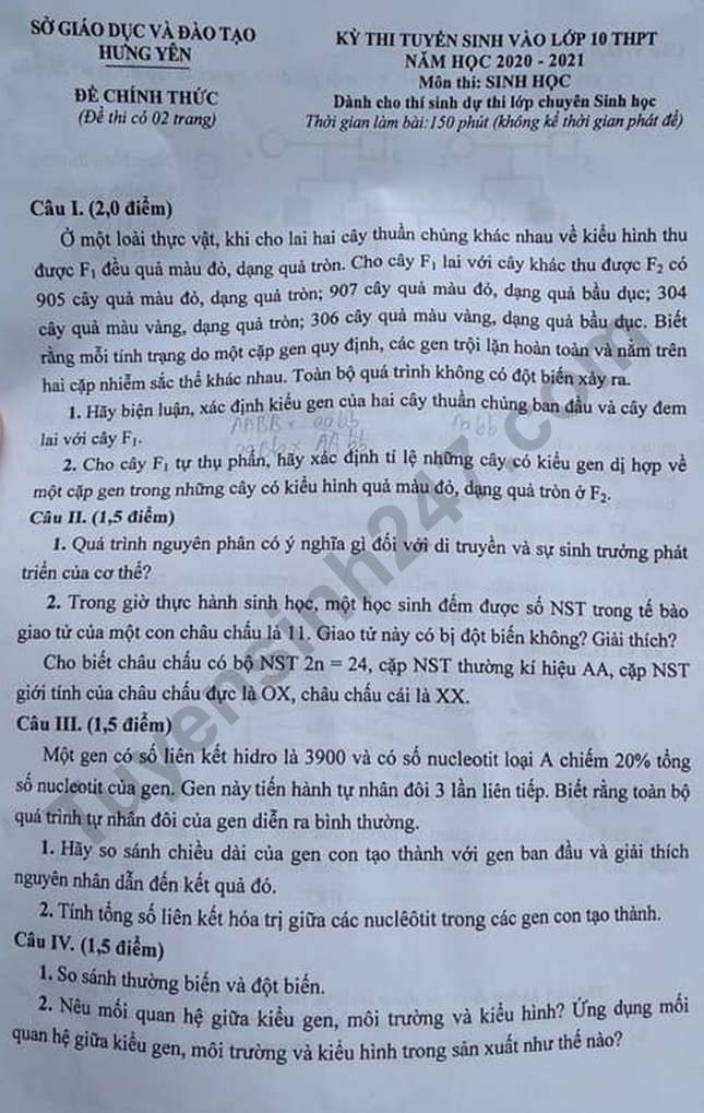 de thi mon sinh hoc tuyen sinh lop 10 vao thpt chuyen hung yen nam 2020