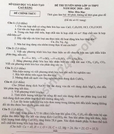 Đề thi môn Hóa học tuyển sinh lớp 10 vào THPT tỉnh Cao Bằng năm 2020