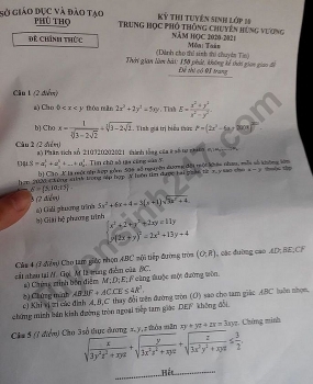 de thi mon toan tuyen sinh lop 10 vao thpt chuyen tin phu tho