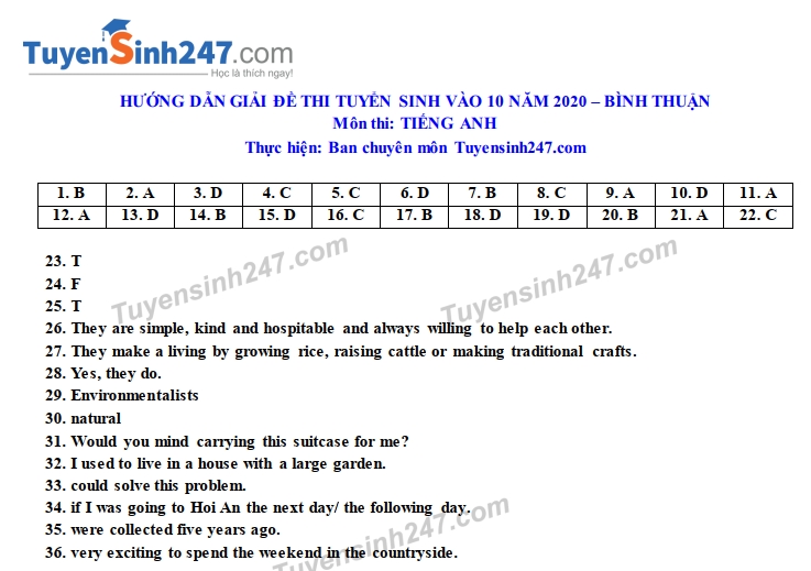 Đáp án đề thi Anh văn tuyển sinh lớp 10 vào THPT tỉnh Bình Thuận năm 2020