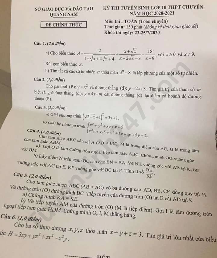 Đề thi môn Toán tuyển sinh lớp 10 vào THPT Chuyên Quảng Nam năm 2020