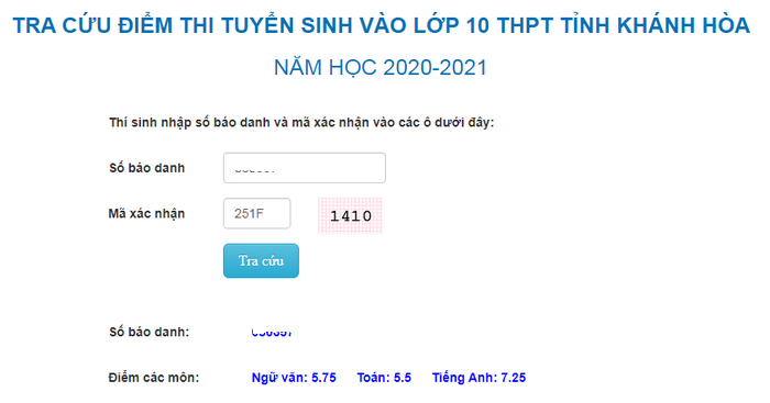 tra cuu diem thi tuyen sinh lop 10 khanh hoa nam 2020