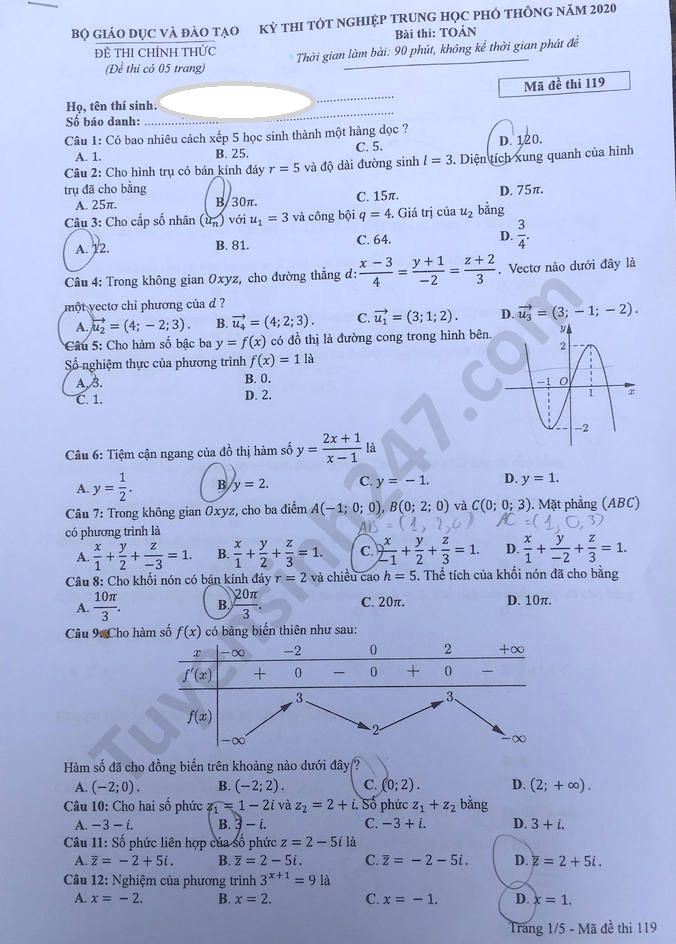 Gợi ý đáp án môn Toán mã đề 119 thi tốt nghiệp THPT quốc gia 2020