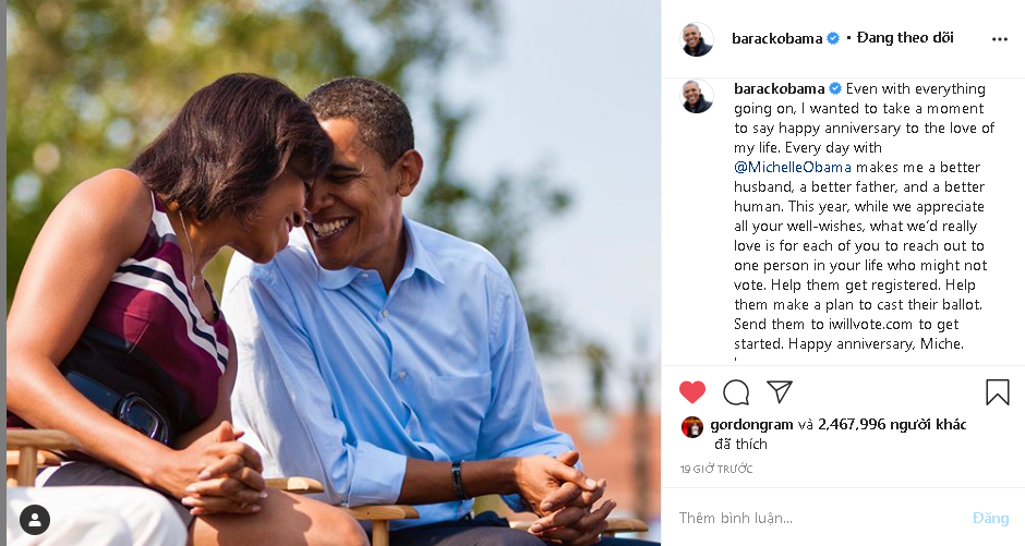 Vợ chồng Cựu tổng thống Obama kỷ niệm 28 năm ngày cưới