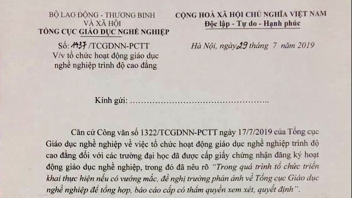 Bộ Lao động cho phép 45 trường đại học tiếp tục tuyển sinh hệ cao đẳng năm 2019