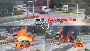 khoanh khac 2 xe ben tong nhau phat no tai xe nhay ra khoi bien lua
