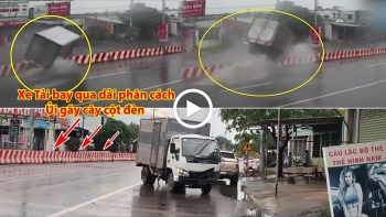 khoanh khac xe tai bay qua dai phan cach tong gay cot den