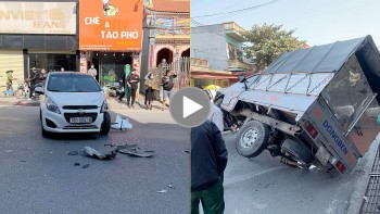 khoanh khac xe con dam manh khien xe tai lat nghieng suyt de trung xe may