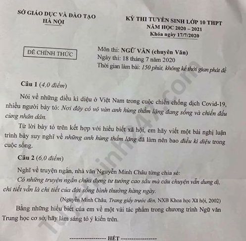 Đề thi Ngữ văn tuyển sinh lớp 10 vào THPT Chuyên Văn TP Hà Nội năm 2020