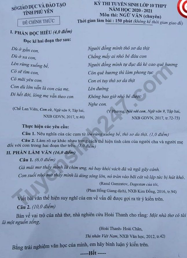 Đề thi Ngữ văn tuyển sinh lớp 10 vào THPT Chuyên Phú Yên