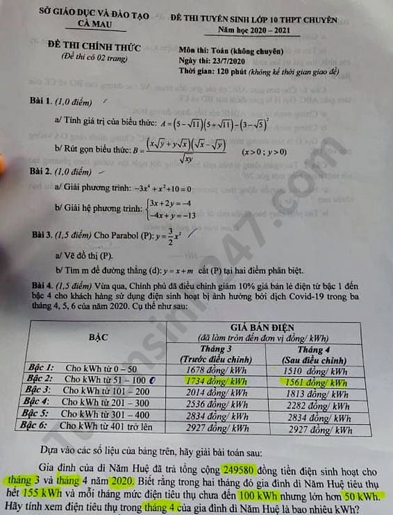 Đề thi môn Toán tuyển sinh lớp 10 vào THPT Chuyên Cà Mau năm 2020