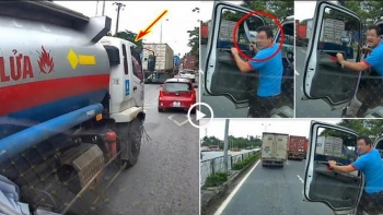 Camera giao thông: Tài xế xe bồn rút dao "dằn mặt" container vì bấm còi