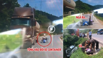 camera giao thong tong vao duoi xe container nu sinh nga vang roi bi xe hop chen qua nguoi
