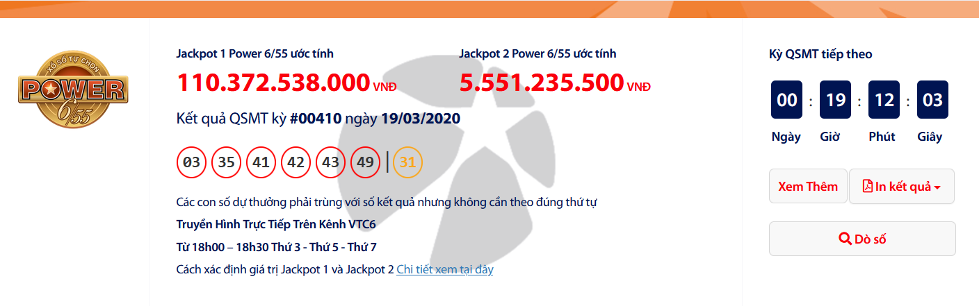 Kết quả xổ số Vietlott Power 6/55 tối ngày 21/3/2020: Hơn 115 tỉ đồng sẽ có chủ?