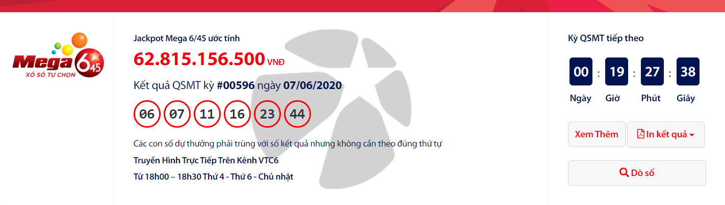 Kết quả xổ số Vietlott Mega 6/45 tối ngày 10/6/2020: "Nổ" hơn 62 tỉ đồng?