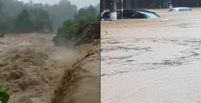Clip: Mưa lớn ở Hà Giang, hàng loạt ô tô và xe máy chìm trong biển nước