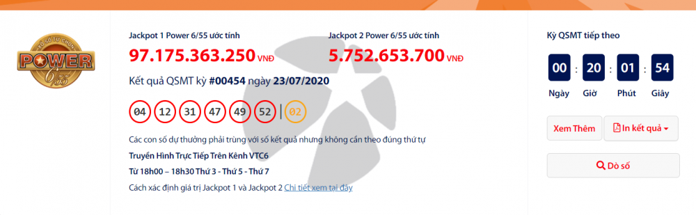 Kết quả xổ số Vietlott Power 6/55 tối ngày 25/7: Tổng giải "khủng" lên tới hơn 102 tỉ đồng