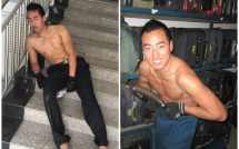 su that phia sau buc hinh nam thanh nien ngu guc ben cau thang gay xuc dong