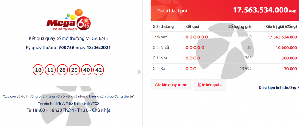 ket qua vietlott mega 645 ngay 206 giai jackpot han 18 ty se thuoc ve ai