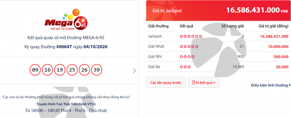 ket qua xo so vietlott mega 645 toi 7102020 giai thuong gan 17 ty dong dang tim chu nhan